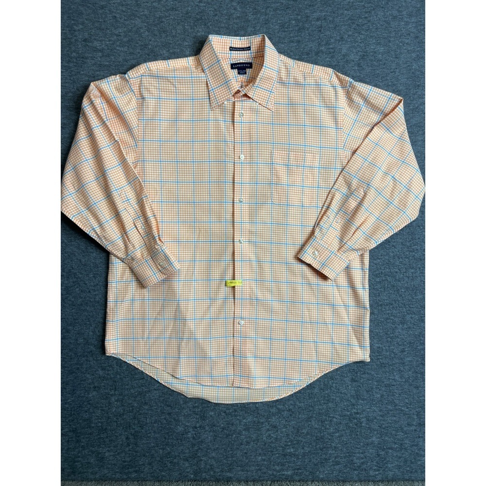 Lands End No Iron Original Oxford Shirt Mens 17.5-33 Orange Blue Plaid Cotton